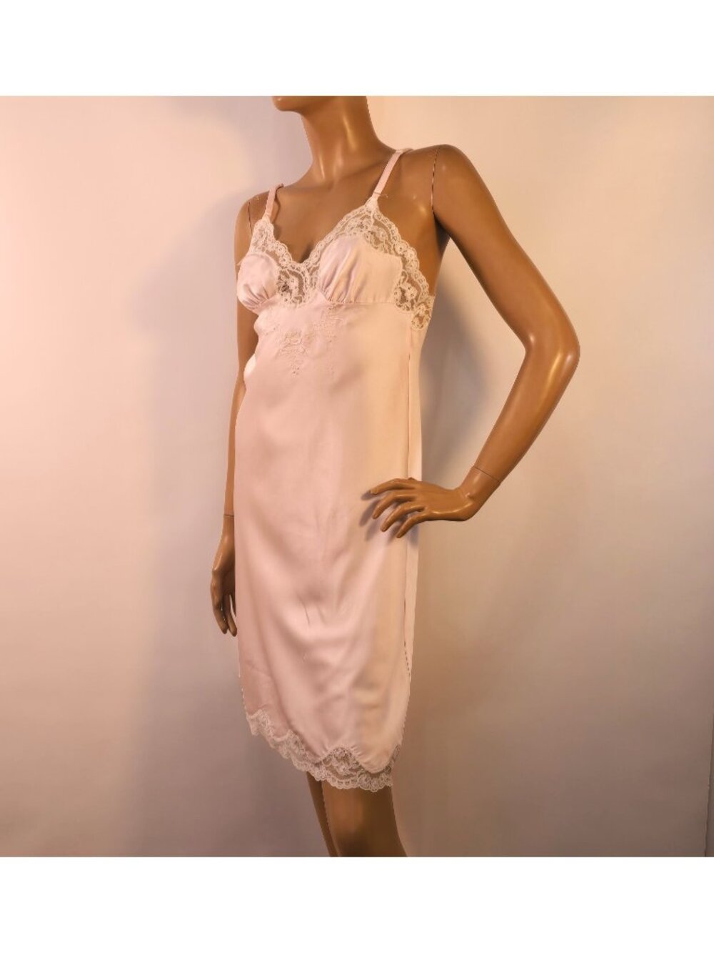 Vintage Chemise Nightgown Slip Blush Pink Satin Floral Lace Trim Womens Sz Small - Picture 1 of 12